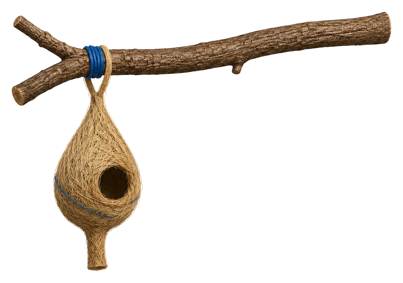 A completed weaver nest hanging from a branch